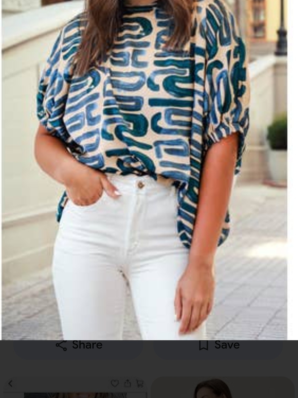 eesome Teal and Cream Abstract Puff-Sleeve Blouse